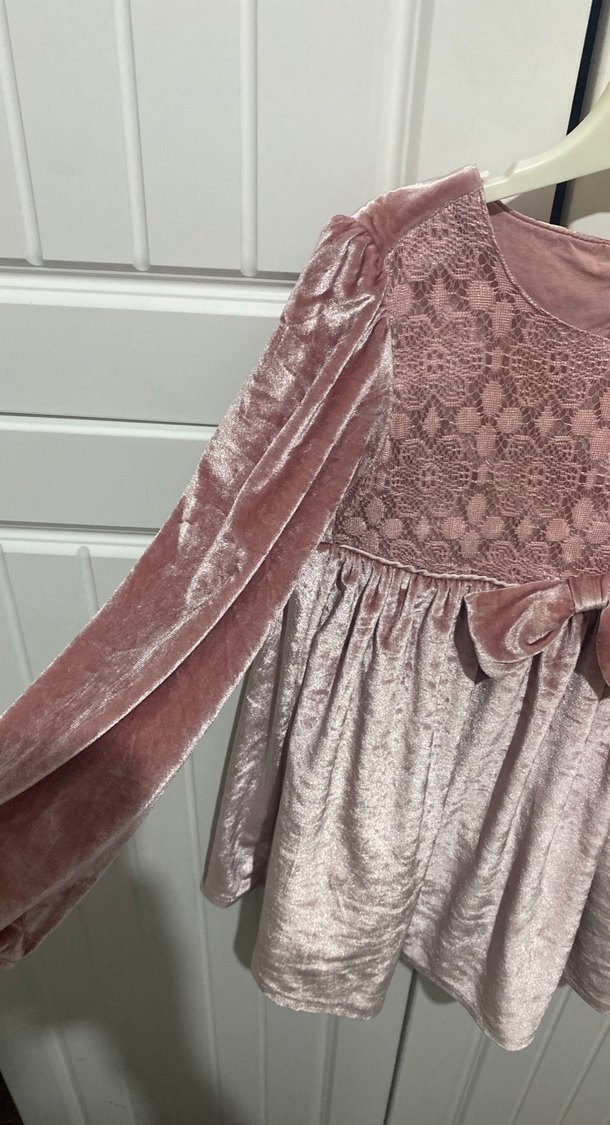 Dantel Detaylı Pembe Kadife Kız Çocuk Elbise - Görsel 4