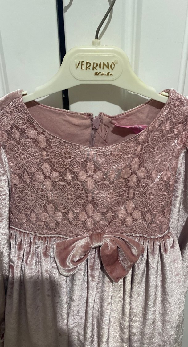 Dantel Detaylı Pembe Kadife Kız Çocuk Elbise - Görsel 2