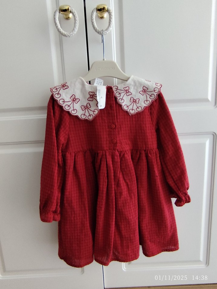 Bordo Nakışlı Uzun Kollu Kız Elbisesi - Görsel 2