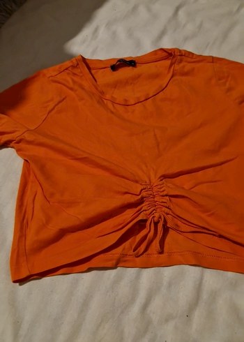 Turuncu Kısa Kollu Drapeli Kadın Tişört - Görsel 3