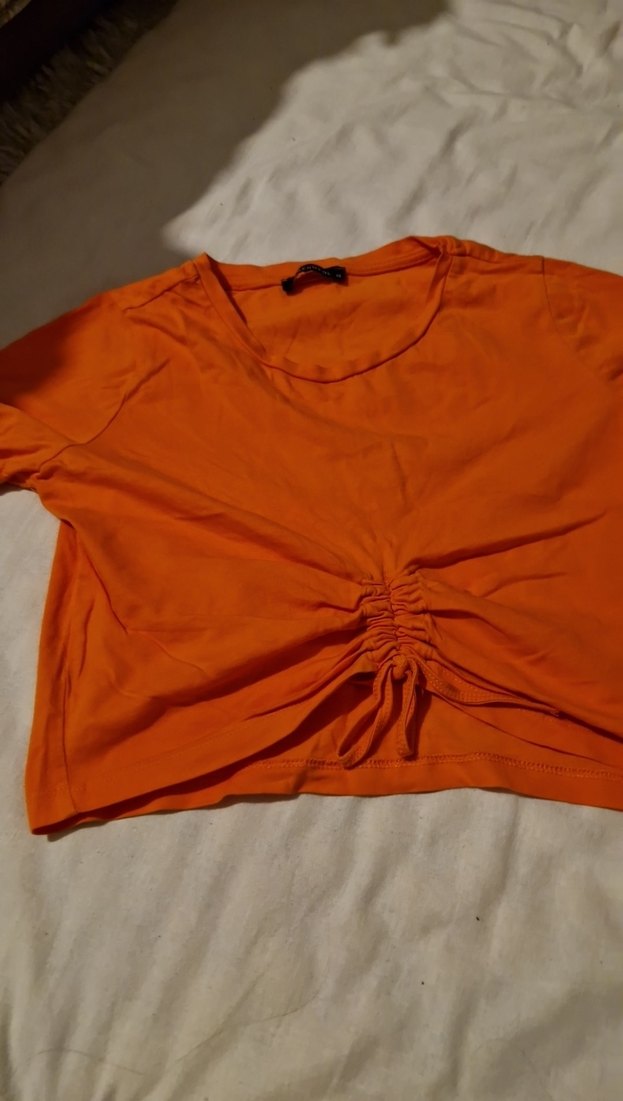 Turuncu Kısa Kollu Drapeli Kadın Tişört - Görsel 3