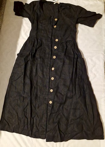 Düğmeli Siyah Keten Uzun Elbise - Görsel 4