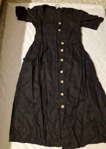 Düğmeli Siyah Keten Uzun Elbise - Görsel 2