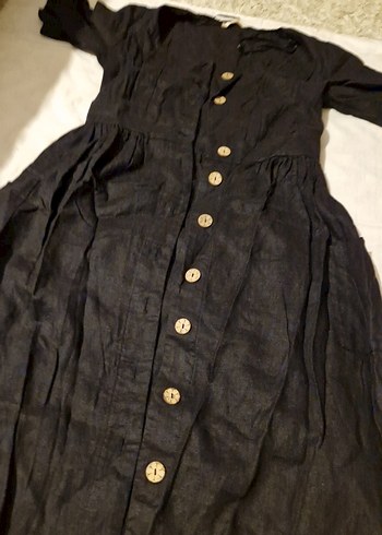 Düğmeli Siyah Keten Uzun Elbise - Görsel 8