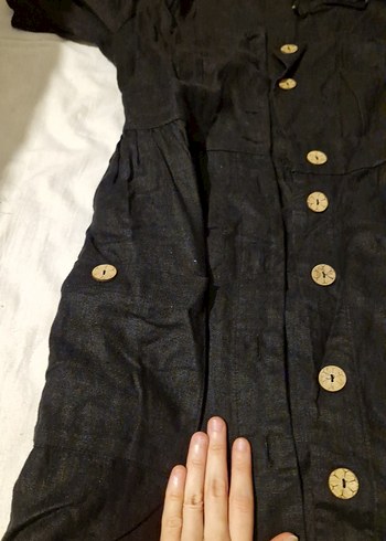 Düğmeli Siyah Keten Uzun Elbise - Görsel 7