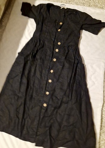 Düğmeli Siyah Keten Uzun Elbise - Görsel 3