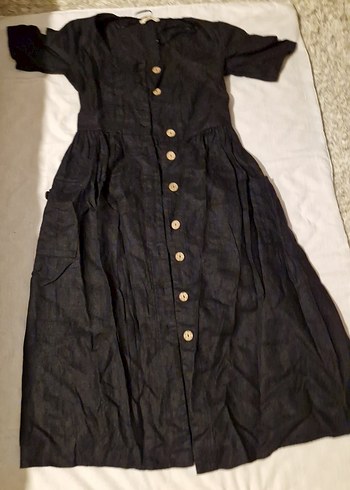 Düğmeli Siyah Keten Uzun Elbise - Görsel 6