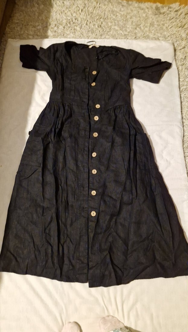 Düğmeli Siyah Keten Uzun Elbise - Görsel 5