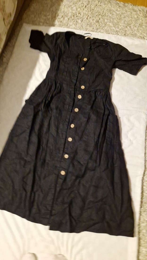 Düğmeli Siyah Keten Uzun Elbise - Görsel 3