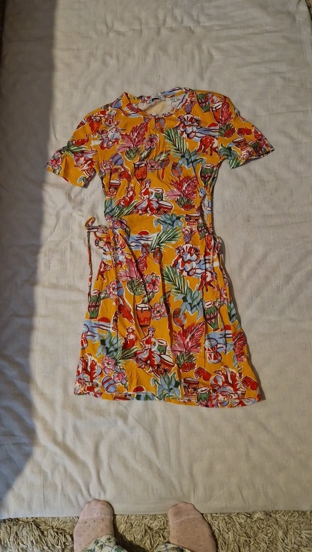 Renkli Desenli Kısa Kol Mini Bohem Elbise - Görsel 3