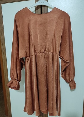 38 Beden kahverengi Renk Saten kumaş tunik elbise