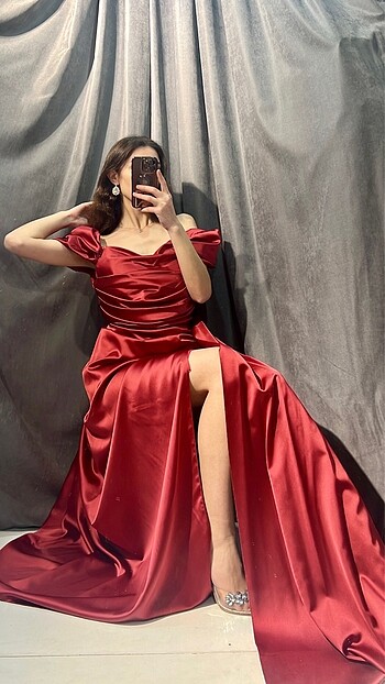 44 Beden KADIN BORDO BÜYÜK BEDEN SATEN ABİYE ELBİSE
