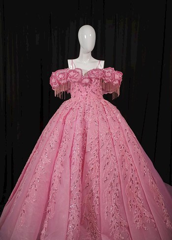 Pembe Dantel Nakışlı Uzun Abiye Elbise