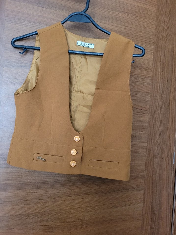 Bej Drapeli Kadın Uzun Etek yelek takımi - Görsel 3