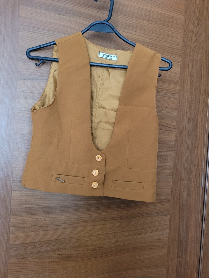 Bej Drapeli Kadın Uzun Etek yelek takımi - Görsel 4