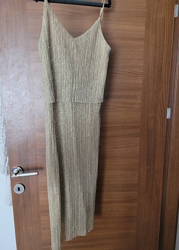 Bej Parlak Pilili Uzun Kadın Elbise - Görsel 2