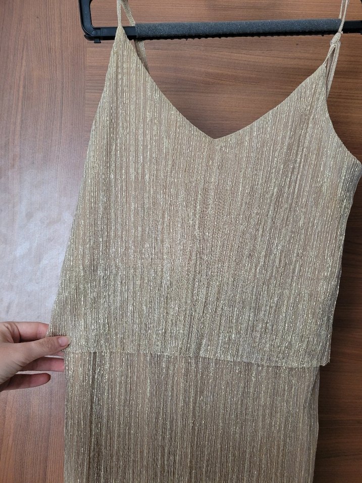 Bej Parlak Pilili Uzun Kadın Elbise - Görsel 3