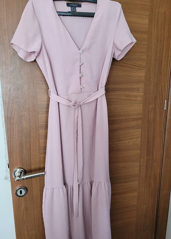 Düğmeli Pudra Pembe Keten Uzun Elbise - Görsel 5