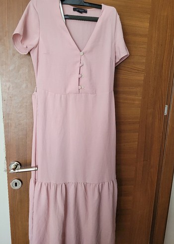 Düğmeli Pudra Pembe Keten Uzun Elbise - Görsel 4