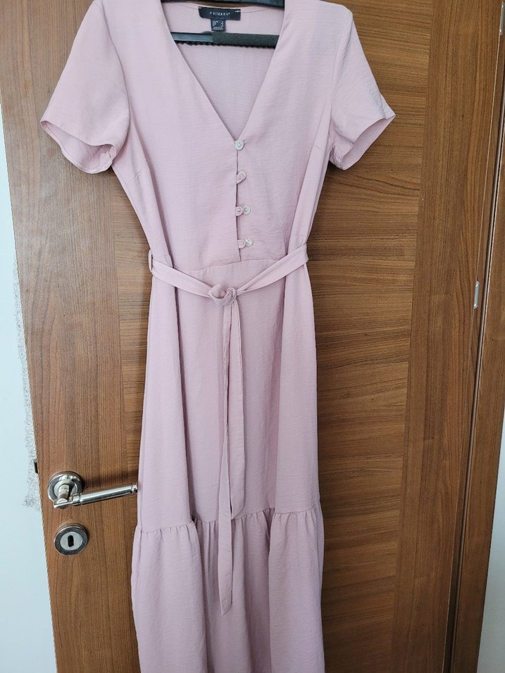 Düğmeli Pudra Pembe Keten Uzun Elbise - Görsel 5