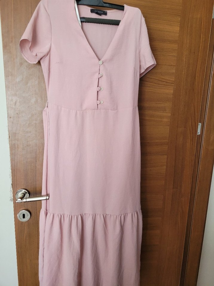 Düğmeli Pudra Pembe Keten Uzun Elbise - Görsel 4