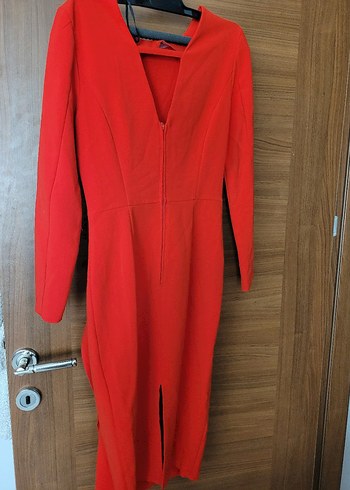 Kırmızı Uzun Kollu Drapeli Kalem Elbise - Görsel 4