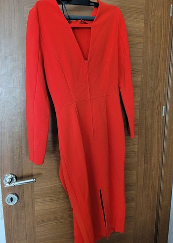 Kırmızı Uzun Kollu Drapeli Kalem Elbise - Görsel 3