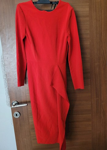 Kırmızı Uzun Kollu Drapeli Kalem Elbise - Görsel 2