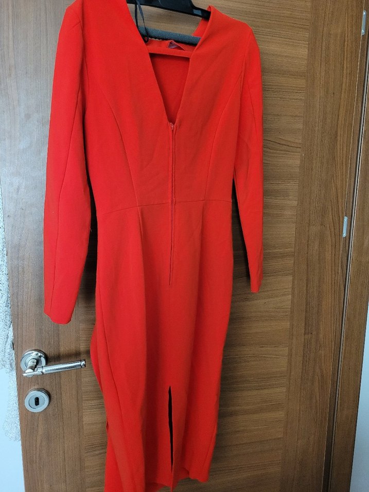 Kırmızı Uzun Kollu Drapeli Kalem Elbise - Görsel 4