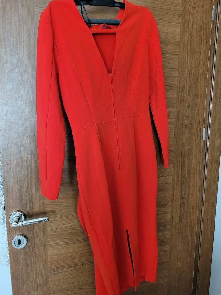 Kırmızı Uzun Kollu Drapeli Kalem Elbise - Görsel 3