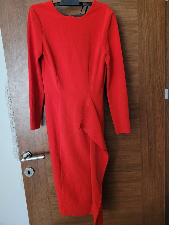 Kırmızı Uzun Kollu Drapeli Kalem Elbise - Görsel 2
