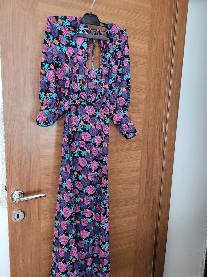 Mor Bohem V Yaka Uzun Elbise - Görsel 4