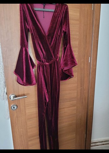 Bordo Kadın Uzun Kollu  Kadife tulum - Görsel 3