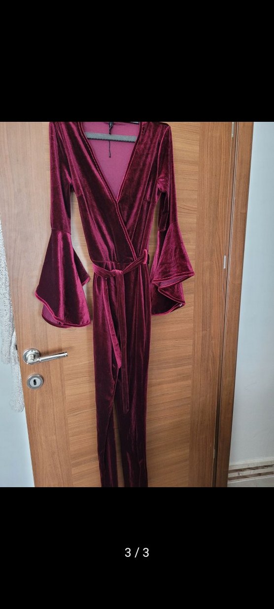 Bordo Kadın Uzun Kollu  Kadife tulum - Görsel 3