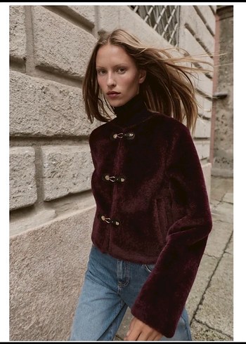 Zara Bordo Yuksek Yakali Kadin Kurk Ceket