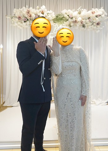 Uzun Kollu Bej İşlemeli Abiye Elbise - Görsel 2