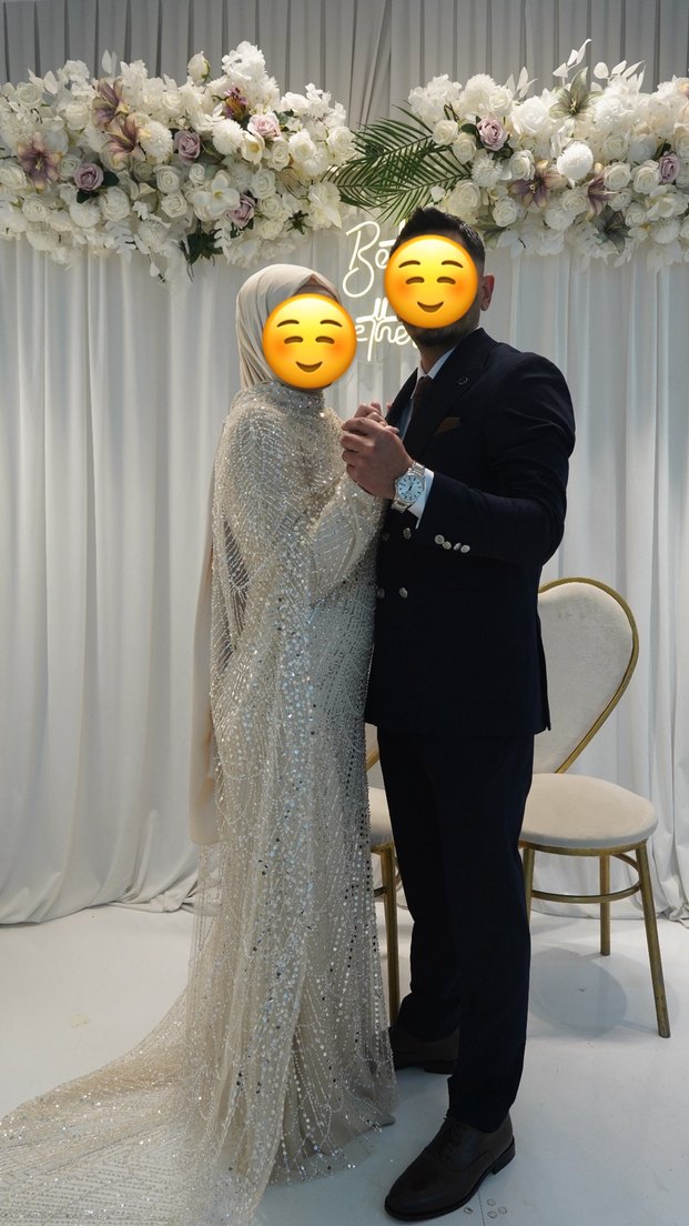 Uzun Kollu Bej İşlemeli Abiye Elbise - Görsel 4