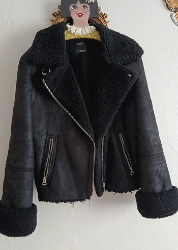 Bershka Siyah Deri Serpa Detayli Biker Ceket