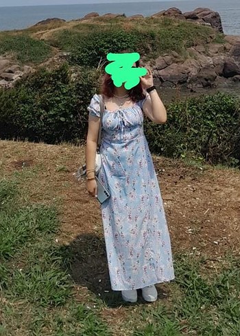 Mavi Bağlamalı Yaka  Uzun Elbise - Görsel 2