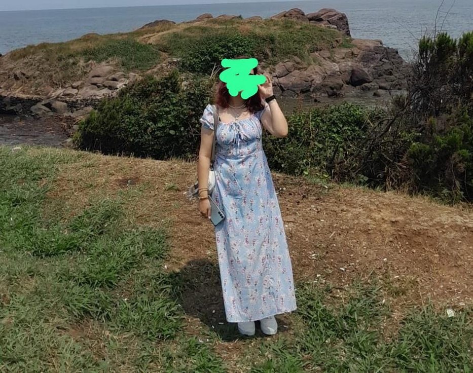 Mavi Bağlamalı Yaka  Uzun Elbise - Görsel 2