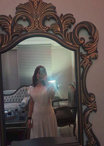 Bej V Yaka Midi Keten Elbise - Görsel 3