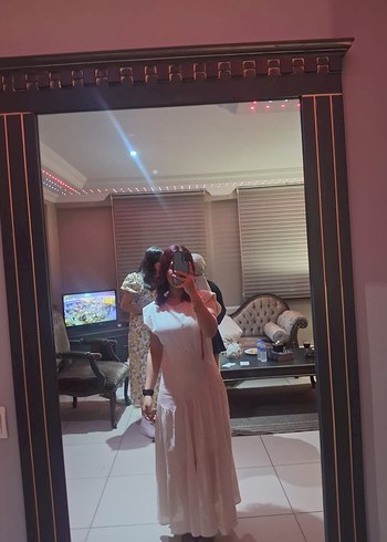 Bej V Yaka Midi Keten Elbise - Görsel 2