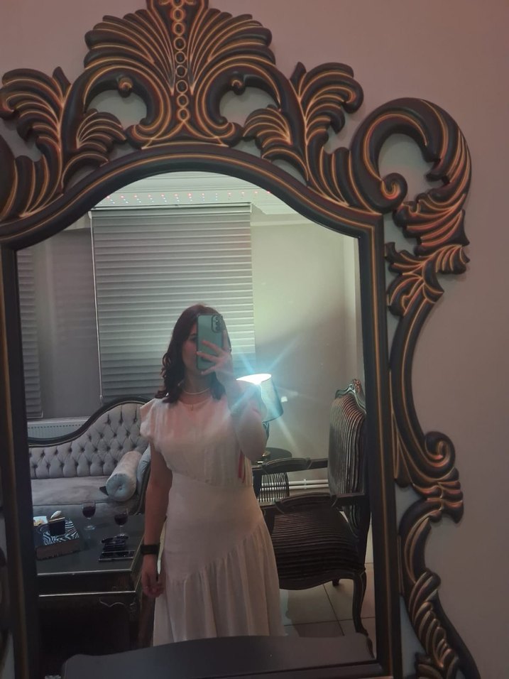 Bej V Yaka Midi Keten Elbise - Görsel 3