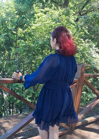 lacivert Fırfırlı Midi Denim Elbise - Görsel 2