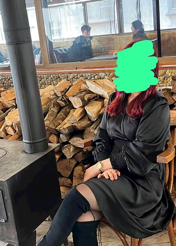 Siyah V Yakalı Uzun Kollu Midi Elbise - Görsel 3