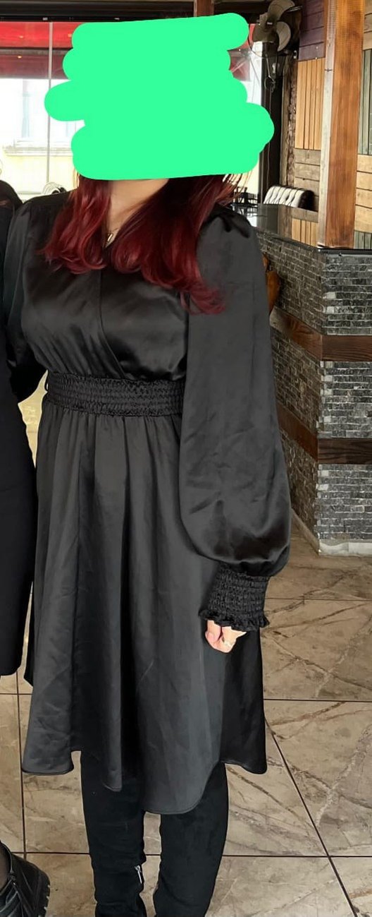 Siyah V Yakalı Uzun Kollu Midi Elbise - Görsel 2