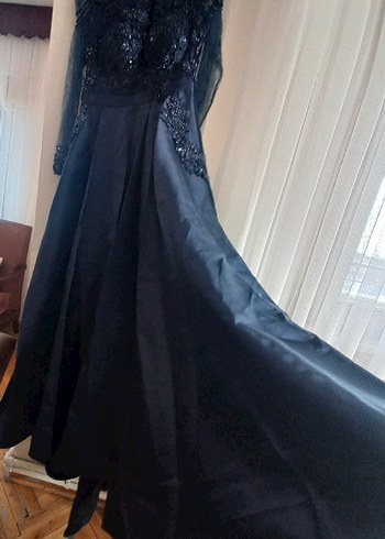 Drapeli Nakışlı lacivert Uzun Abiye Elbise - Görsel 5