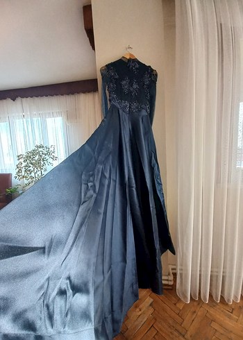 Drapeli Nakışlı lacivert Uzun Abiye Elbise - Görsel 2