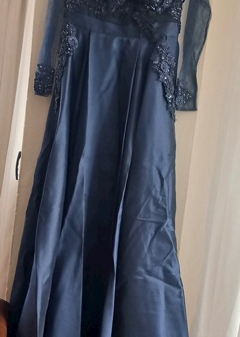 Drapeli Nakışlı lacivert Uzun Abiye Elbise - Görsel 6