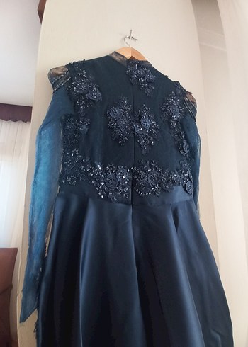 Drapeli Nakışlı lacivert Uzun Abiye Elbise - Görsel 3